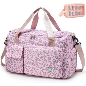 Women Pink Leaoopard Small Gym Carry On Weekender Travel Shoe Compartment Bag